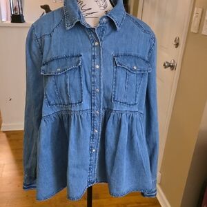 Denim Button-Down Peplum Shirt - Blue